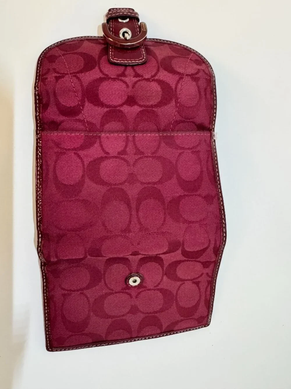 Coach Signature Burgundy Jacquard Buckle Wallet Patent Leather